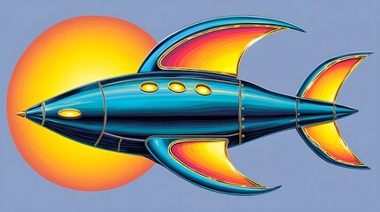 Retro-futuristic rocket ship soaring past a radiant sun