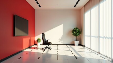 Modern minimalist office interior with sunlight streaming through a window.  A black chair sits in front of a red wall with a blank screen. Ideal for presentations and showcasing commercial spaces.