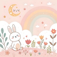 "Cute bunny meditating in a dreamy floral field under a smiling moon and pastel rainbow, soft pink tones."