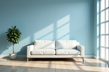 Minimalist living room interior with white sofa and potted plant. Bright sunlight streams through a window.