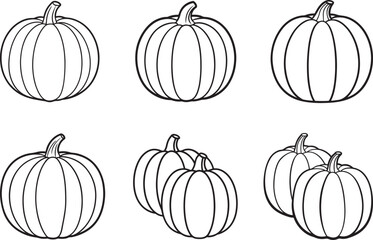 set of pumpkin line art, black outline, vector and illustration, coloring book page line art drawing