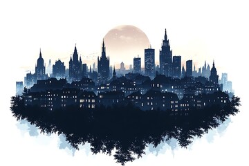 Naklejka premium Abstract cityscape silhouette with moonlit sky blue tones urban landscape illustration