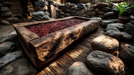 Unique drying rack for coffee cherries made from reclaimed wood in warm afternoon light