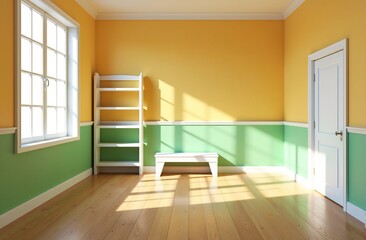 Obraz premium Bright and airy empty room with yellow and green walls, wooden floor, shelving unit, and bench. Ideal for showcasing furniture or home decor.