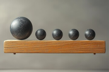 A wooden plank supporting a series of progressively smaller spheres