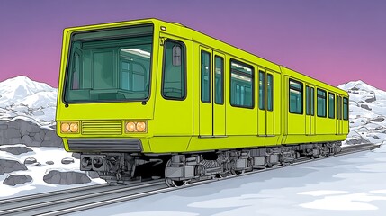 Fototapeta premium A bright yellow light rail train travels through a snowy mountain pass at dusk