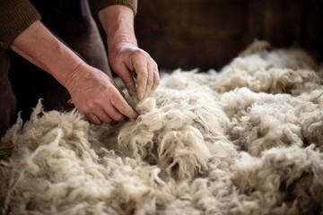 Old man gathers sheared sheep wool from ground on farm yard closeup. Mature farmer processes animal fur in ancient way outdoors. Traditional crafts of woven material producing at countryside