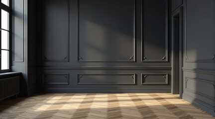 Obraz premium Empty luxury room with dark walls, herringbone wood floor and sunlight.