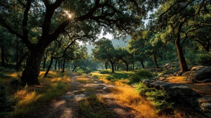Fototapeta premium Golden light filters through cork oak forest in summer evening