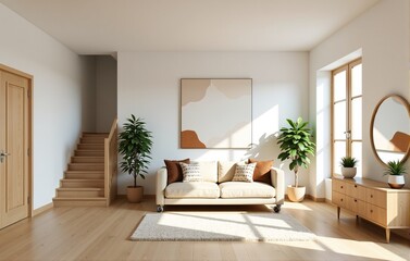 Fototapeta premium Bright and airy living room interior with beige sofa, wooden floors, and large windows. Perfect for home decor and real estate listings.