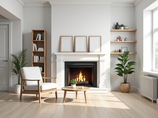 Bright and cozy living room interior with fireplace, armchair, and plants.  Perfect for home decor and real estate.