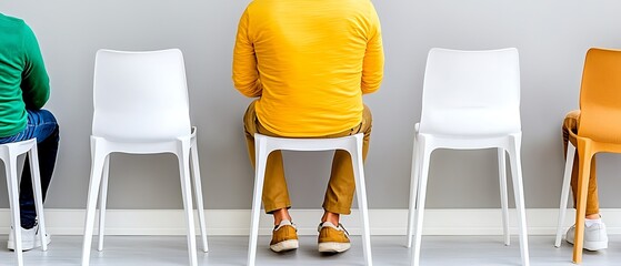 People sit on chairs against a wall, backs face the camera