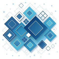 "Geometric blue squares and grids with white accents, floating on a light background with a modern tech style."