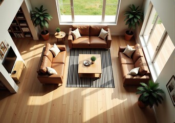 Bright and airy living room with brown leather sofas, a coffee table, and potted plants.  Overhead view.