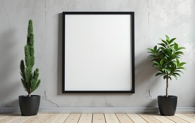 Modern minimalist interior with empty frame mockup, plants in black pots, concrete wall and wooden floor.