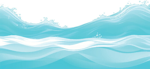 Watercolor texture of soft blue ocean waves, seamlessly blended with white hues to represent the gentle motion of a tsunami wave, all rendered in a flat, cartoon-inspired tropical splash design.
