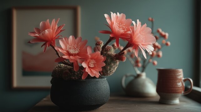 Blooming Acanthocalycium thionanthum cactus with vibrant red flowers in minimalist pot