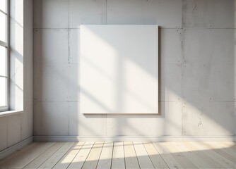 Fototapeta premium Minimalist interior with blank canvas on concrete wall and wooden floor. Perfect for mockup.