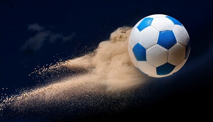 Fototapeta premium a white and blue sports ball is flying through the air surrounded by a cloud of sand the ball is positioned in the center of the sand with a few grains of sand scattered around it