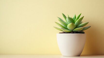 A tiny succulent in a white ceramic pot against a pale beige wall