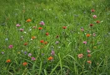 Fototapeta premium Close-up vibrant June wildflowers amidst bright green grass , color, spring