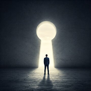 businessman standing in front of keyhole to success