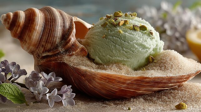 Delightful pistachio ice cream scoop in seashell on sandy shore with flowers and zest