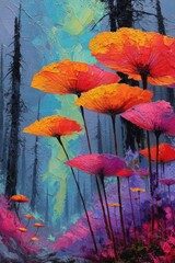 Mushrooms bloom in vibrant colors amid abstract trees and contrasting stormy background