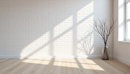 Obraz premium Bright and airy minimalist room interior with white brick wall, wooden floor, and sunlight streaming through window.