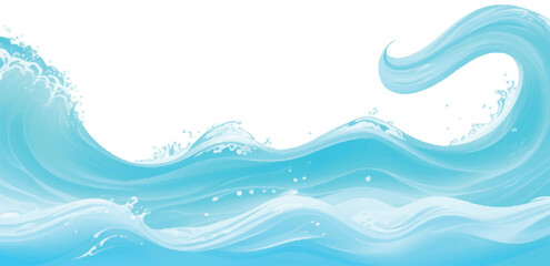 Beautiful, fluid layers of blue ocean waves with soft white accents, rendered in an abstract watercolor style to evoke the calm and power of a tropical ocean wave crashing in a flat cartoon design.
