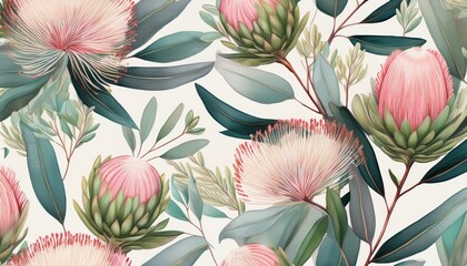 australian flowers seamless repeating pattern of eucalyptus proteas wattles leaves on a white background botanical print with soft pastel colors