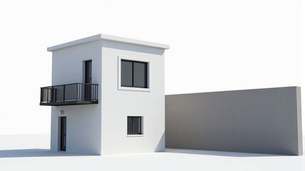 Modern small white house with balcony, rendered in 3D against a white background. Ideal for real estate or architecture presentations.