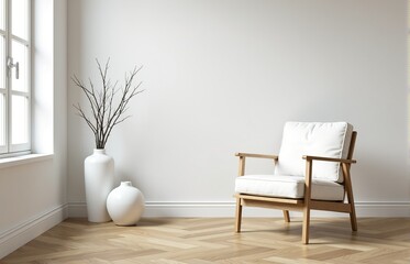 Modern minimalist living room interior with a comfortable white armchair and decor elements.
