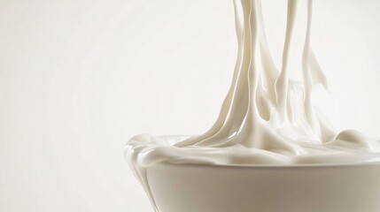 Fresh Cream Cascading Over the Edge of a Bowl Forming Smooth Textures Isolated White Background Creamy White Dairy Liquid