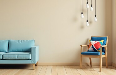 Modern living room interior with blue sofa and armchair. Minimalist design, empty wall, perfect for mockup.
