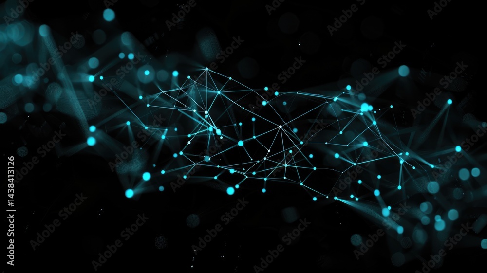 Poster abstract picture of turquoise particle with sparkle atom style design connect and flow show energy d
