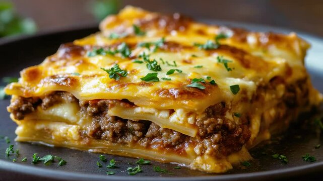 Mouthwatering lasagna with layers of meat, bechamel sauce and shredded mozzarella cheese. Homemade and delicious meal.