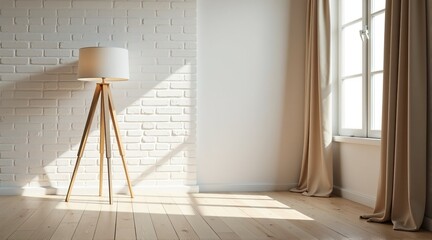 Bright and airy room interior with a tripod lamp, white brick wall, and sunlight streaming through beige curtains.