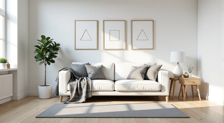 Bright and airy minimalist living room with white couch, grey cushions, and geometric art. Perfect for home decor blogs and interior design websites.