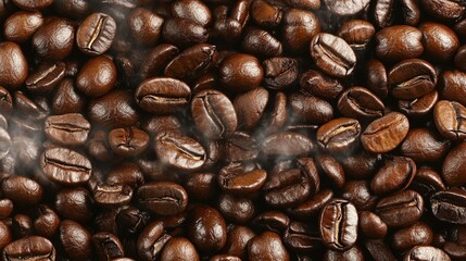 Fototapeta premium Rich Aroma. Fresh Coffee Beans Close-up with Subtle Smoke for Drink Preparation