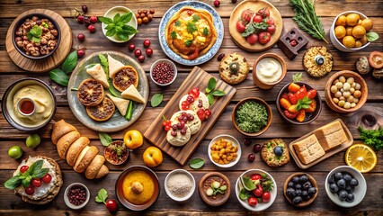 Culinary Delights: A vibrant tableau of fresh, prepared dishes artfully arranged on a rustic wooden table, offering a diverse array of flavors and textures to tantalize the senses. 