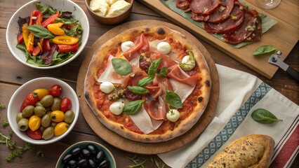 Italian Feast: A rustic wooden table laden with a tantalizing spread, a mouthwatering pizza with fresh mozzarella, prosciutto, and basil takes center stage, accompanied by olives, a vibrant salad.