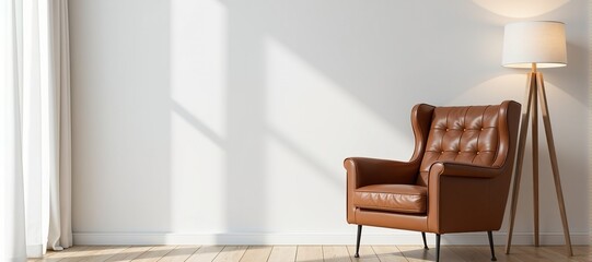 Modern interior design featuring a brown leather wingback armchair and a tripod floor lamp in a bright, minimalistic room.