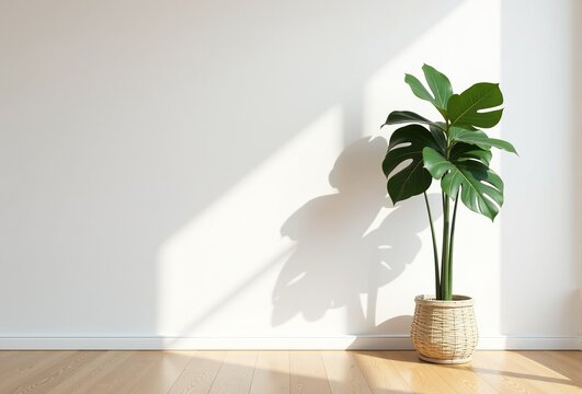 Minimalist interior scene with a large monstera deliciosa in a wicker pot against a white wall. Sunlight streams in, creating a shadow.