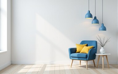 Modern living room interior with blue armchair and yellow pillows. Sunlight streams in through window.