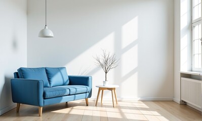 Bright and airy living room with blue sofa and natural light.