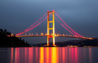 Naklejka premium Illuminated Suspension Bridge Over Water at Night with Reflective Lights