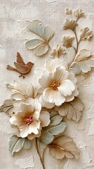 Embossed Nature Pattern featuring swirling leaves and abstract birds in layered paper collage, beige and stone color palette, deep embossed shadows on cotton paper