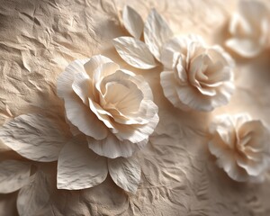 Embossed Nature Pattern rendered in surreal floating pieces, paper texture enhanced with ambient light from side, weightless and elegant symmetry