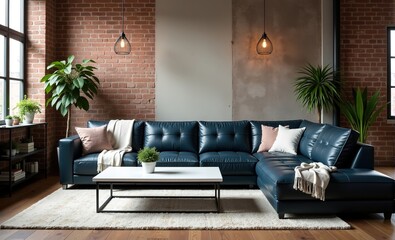 Obraz premium Stylish blue leather sectional sofa in a modern living room with exposed brick walls and potted plants.